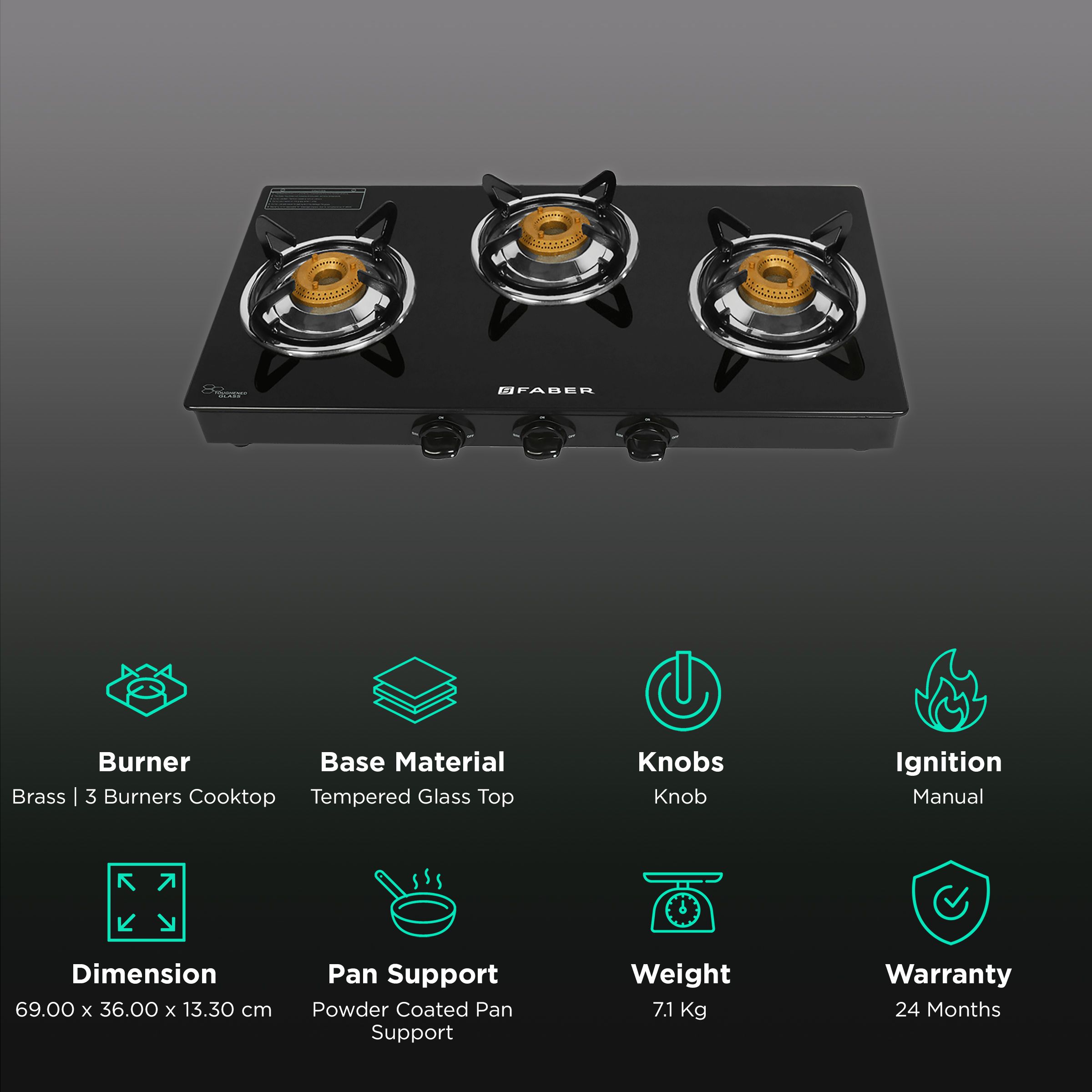 Buy Faber Power 3BB BK Tempered Glass Top 3 Burner Manual Gas Stove